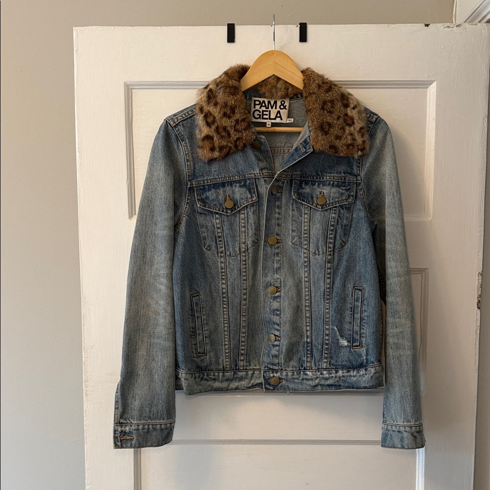 Pam & Gela 2010s Denim Jacket with Removable Leopard Print Rabbit Collar - Picture 5 of 6